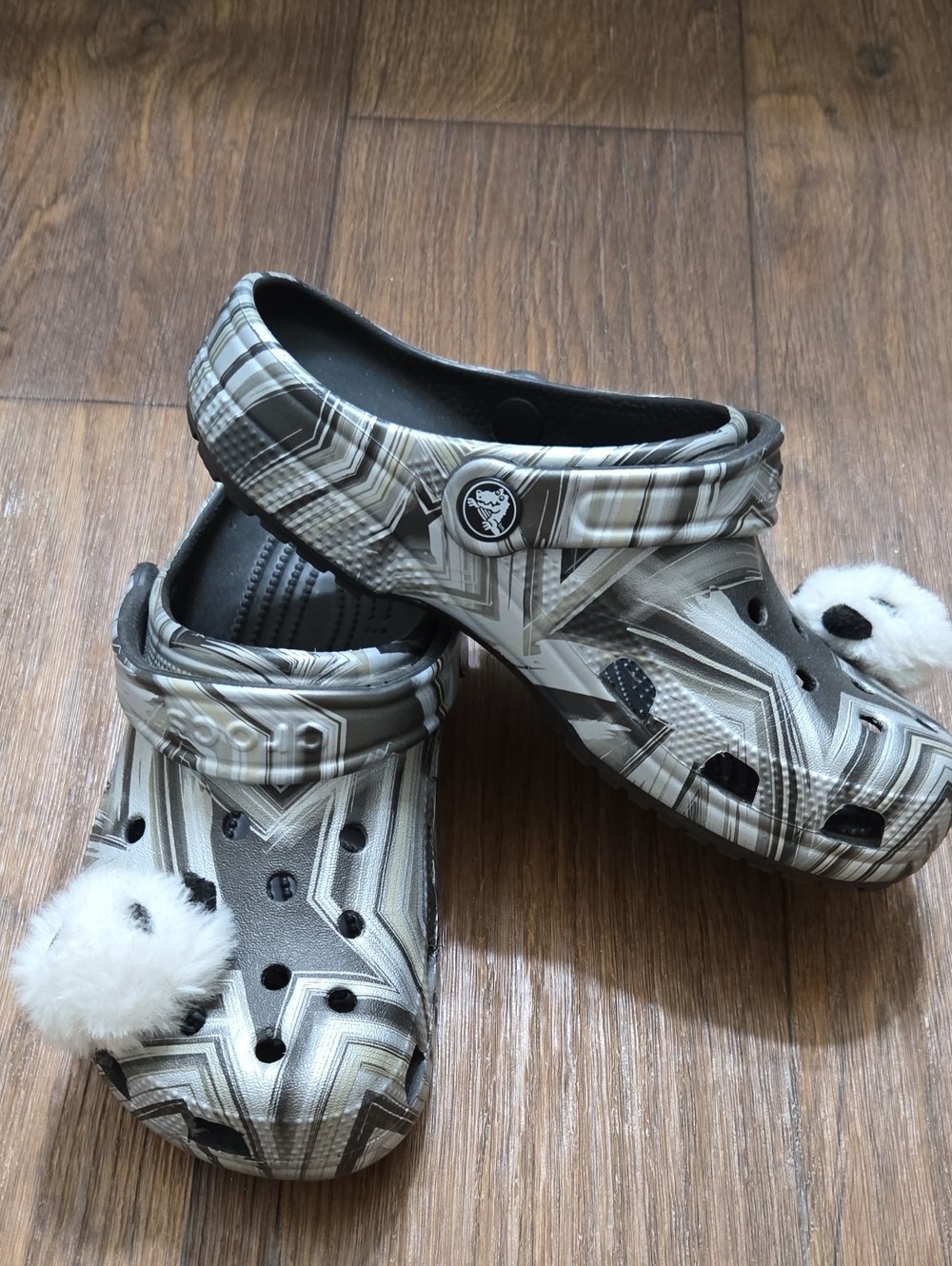 CROCS Gray Plaid Pattern Clogs with White Pom-Pom/Panda